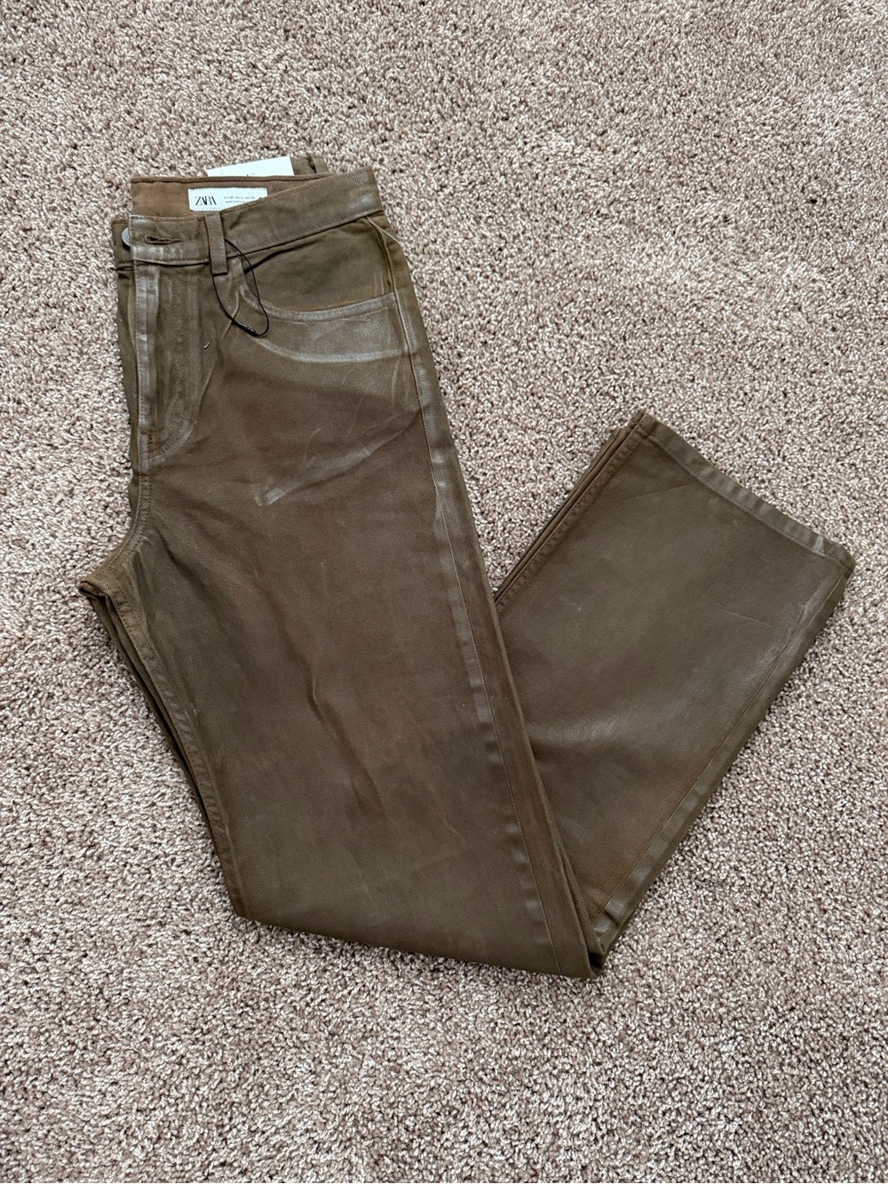 Zara Women's Straight-Leg Jeans in Waxed Olive